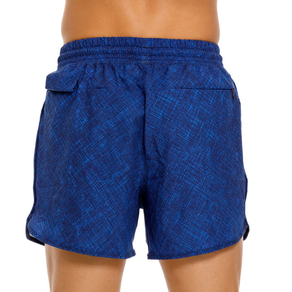 Mundo Unico Tiempo running shorts in blue – geometric quick-dry hidden zip performance shorts