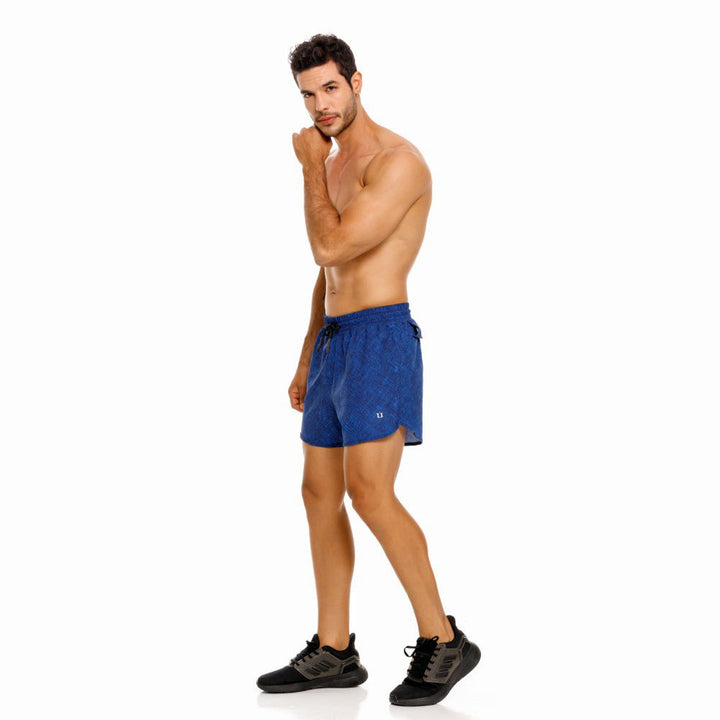 Mundo Unico Tiempo running shorts in blue – geometric quick-dry hidden zip performance shorts