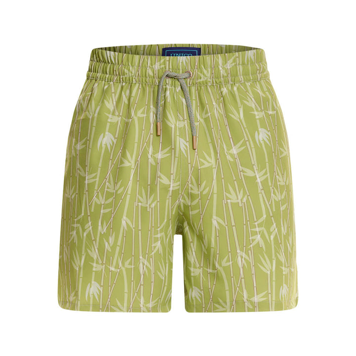 Mundo Unico Azucar board shorts in green – sugar cane print side pockets mesh liner swim shorts
