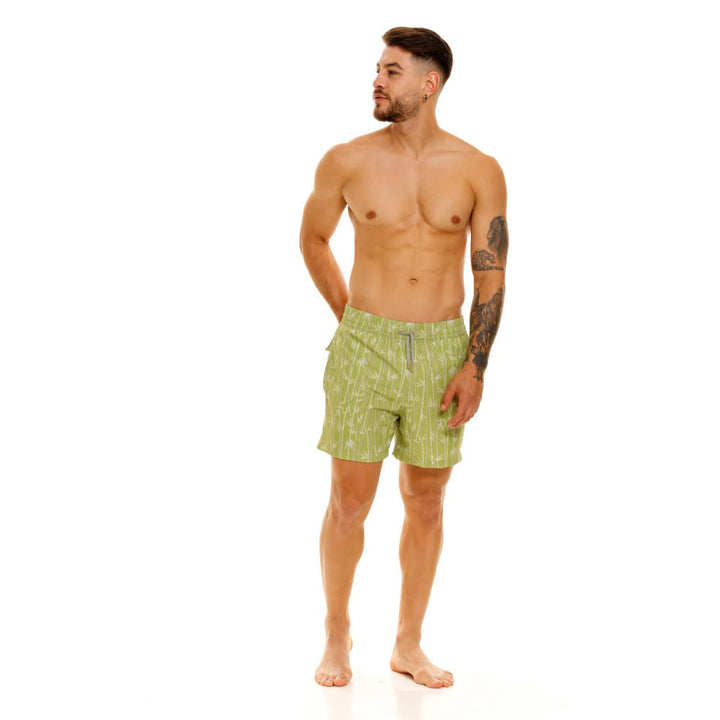 Mundo Unico Azucar board shorts in green – sugar cane print side pockets mesh liner swim shorts