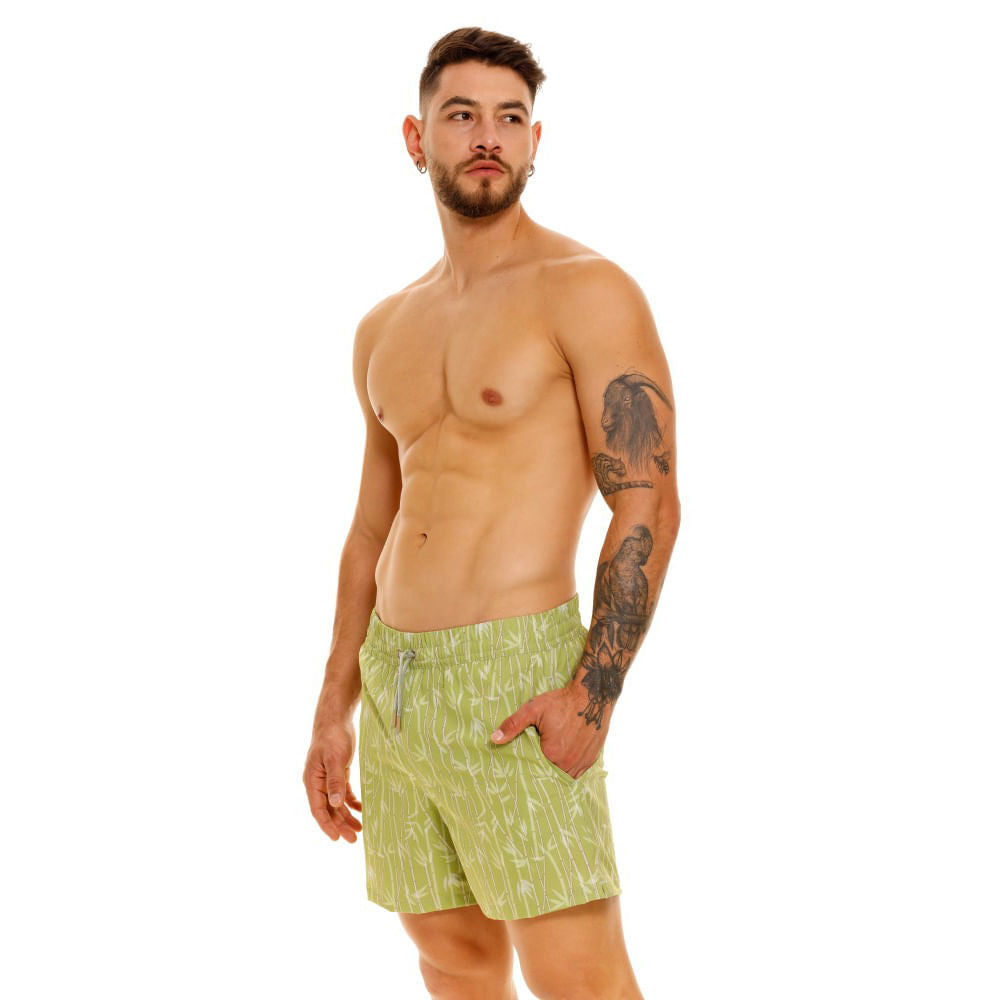 Mundo Unico Azucar board shorts in green – sugar cane print side pockets mesh liner swim shorts