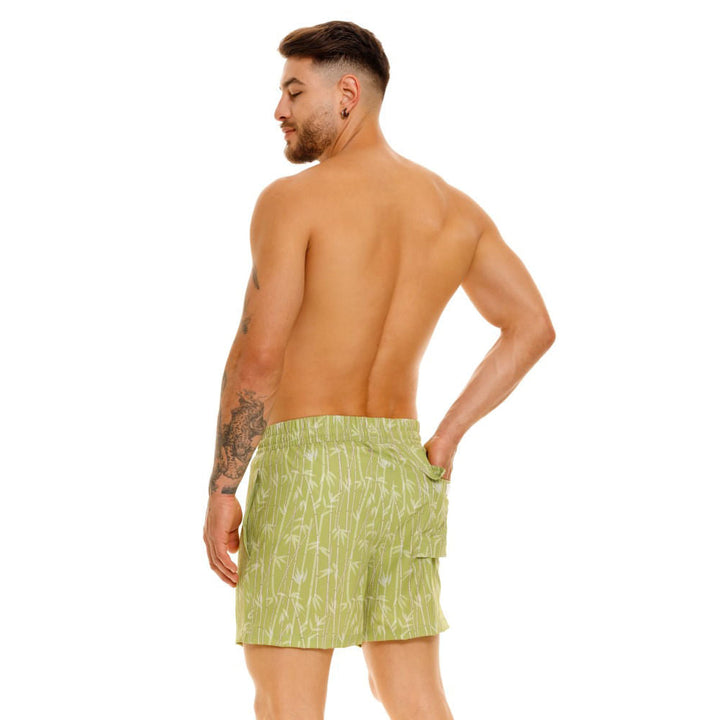 Mundo Unico Azucar board shorts in green – sugar cane print side pockets mesh liner swim shorts