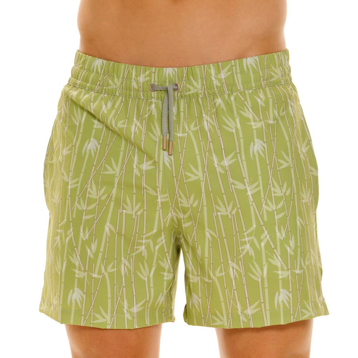 Mundo Unico Azucar board shorts in green – sugar cane print side pockets mesh liner swim shorts