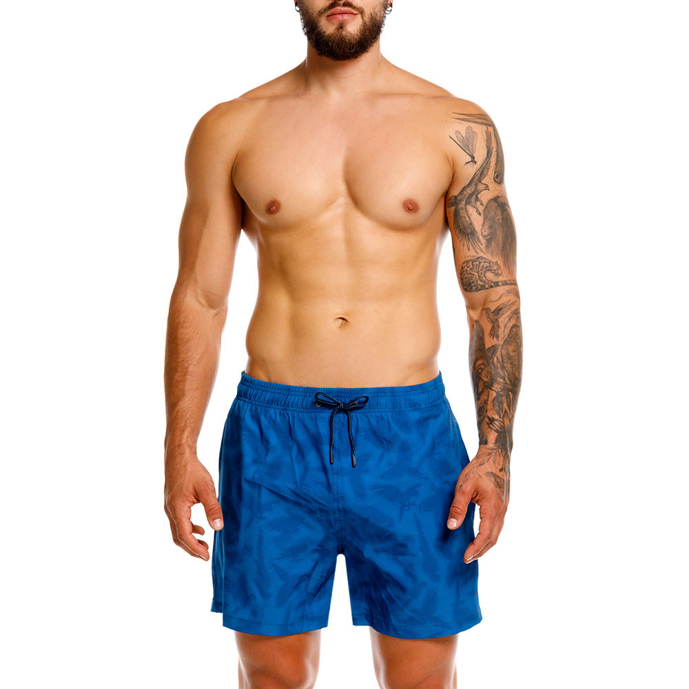 Mundo Unico Guacamaya board shorts in blue – tropical macaw parrot print swim shorts