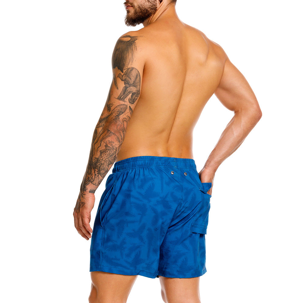 Mundo Unico Guacamaya board shorts in blue – tropical macaw parrot print swim shorts