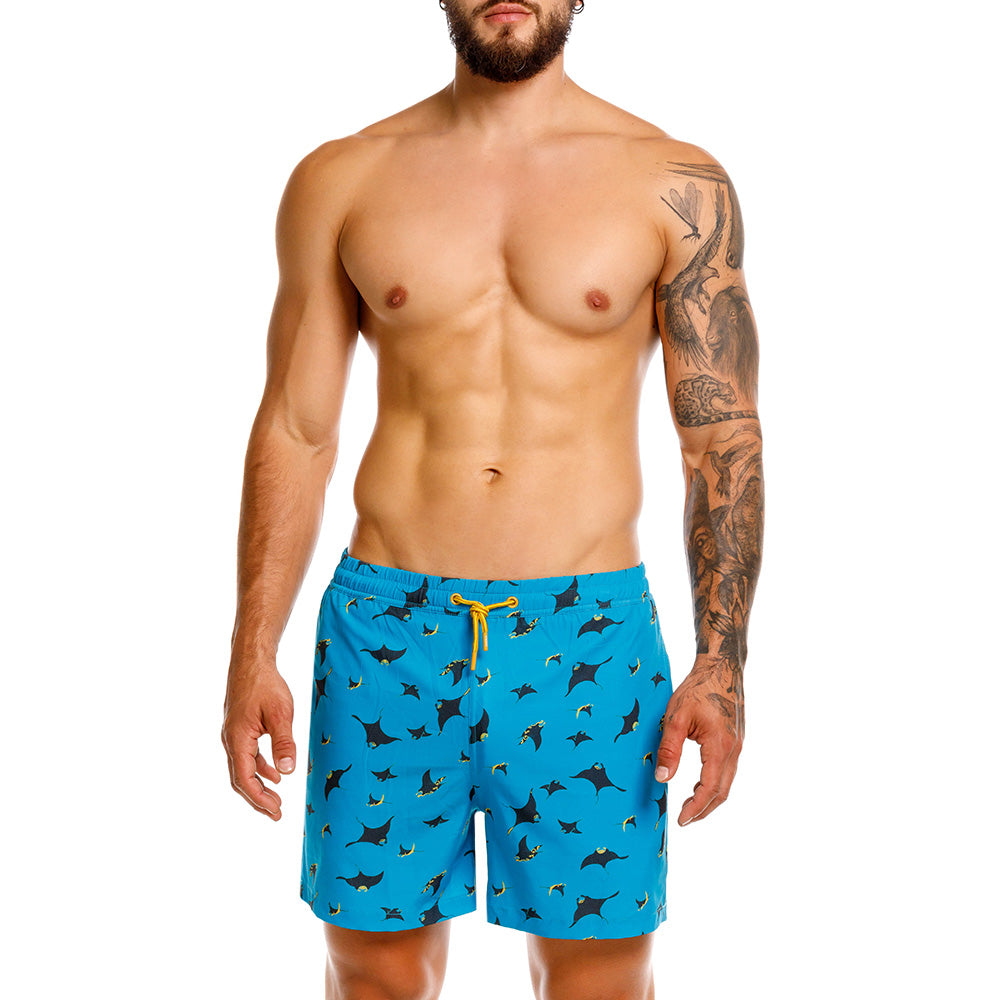 Mundo Unico Mabula board shorts in blue – mid-length quick-dry swim shorts