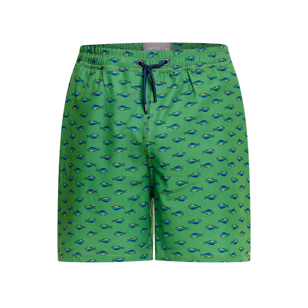 Mundo Unico Mahi Mahi board shorts in green – tropical fish print mid-length swim shorts