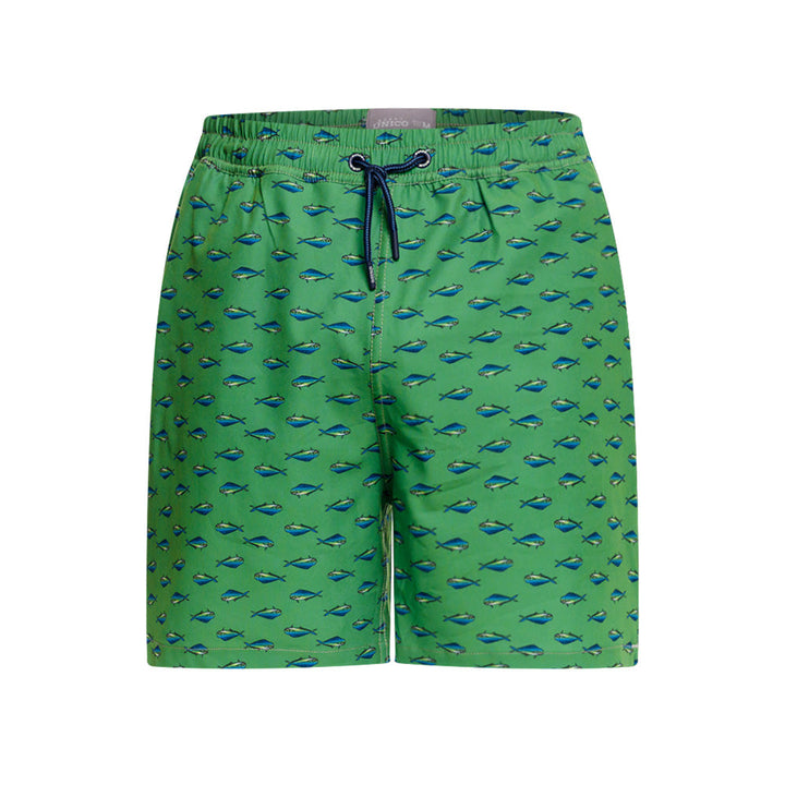 Mundo Unico Mahi Mahi board shorts in green – tropical fish print mid-length swim shorts