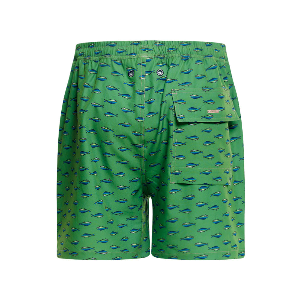 Mundo Unico Mahi Mahi board shorts in green – tropical fish print mid-length swim shorts