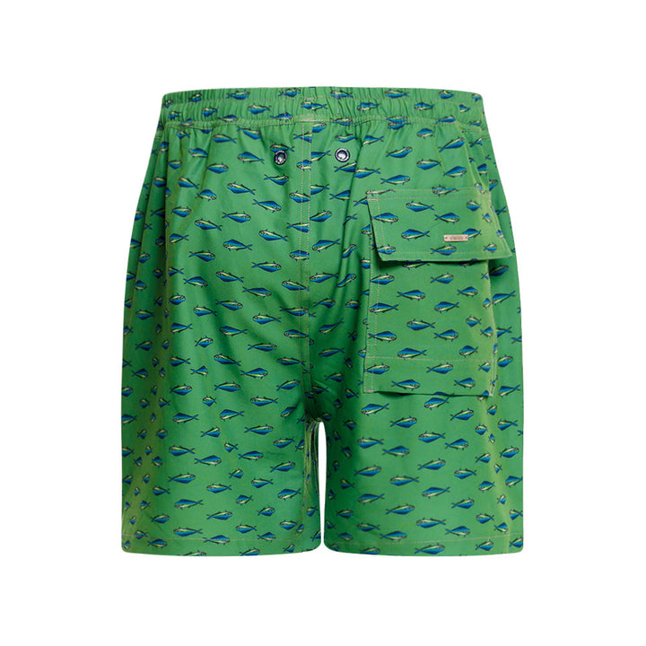 Mundo Unico Mahi Mahi board shorts in green – tropical fish print mid-length swim shorts