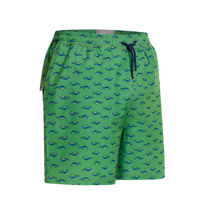 Mundo Unico Mahi Mahi board shorts in green – tropical fish print mid-length swim shorts