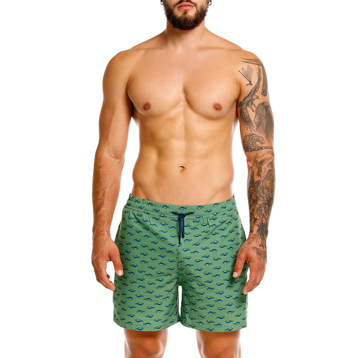Mundo Unico Mahi Mahi board shorts in green – tropical fish print mid-length swim shorts