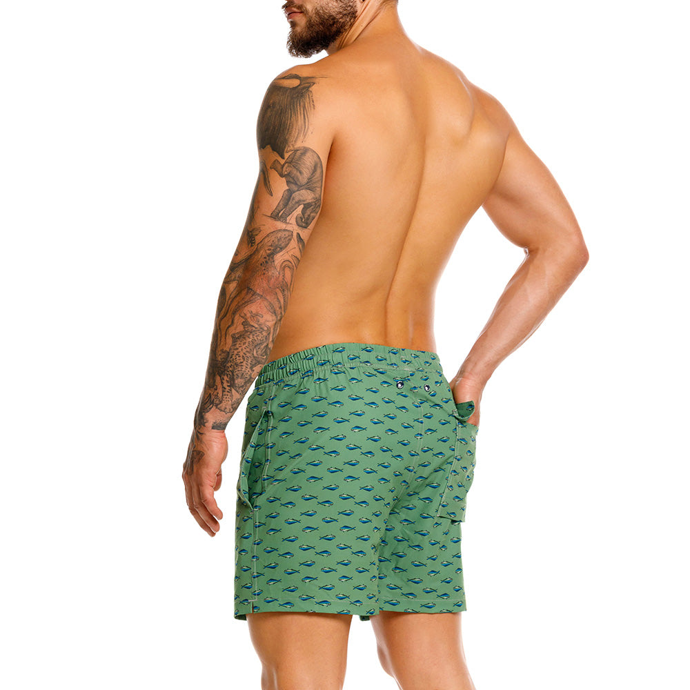 Mundo Unico Mahi Mahi board shorts in green – tropical fish print mid-length swim shorts