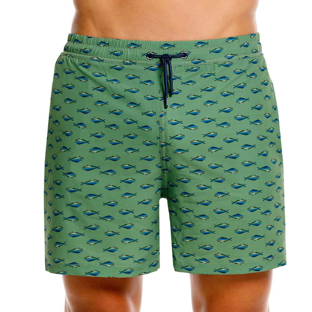 Mundo Unico Mahi Mahi board shorts in green – tropical fish print mid-length swim shorts