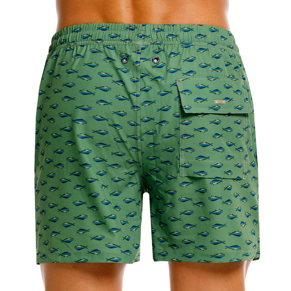Mundo Unico Mahi Mahi board shorts in green – tropical fish print mid-length swim shorts