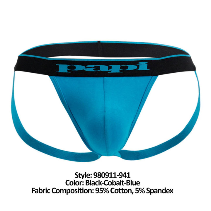 Papi 3-pack men's cotton stretch jockstraps in black cobalt and blue – athletic supporters