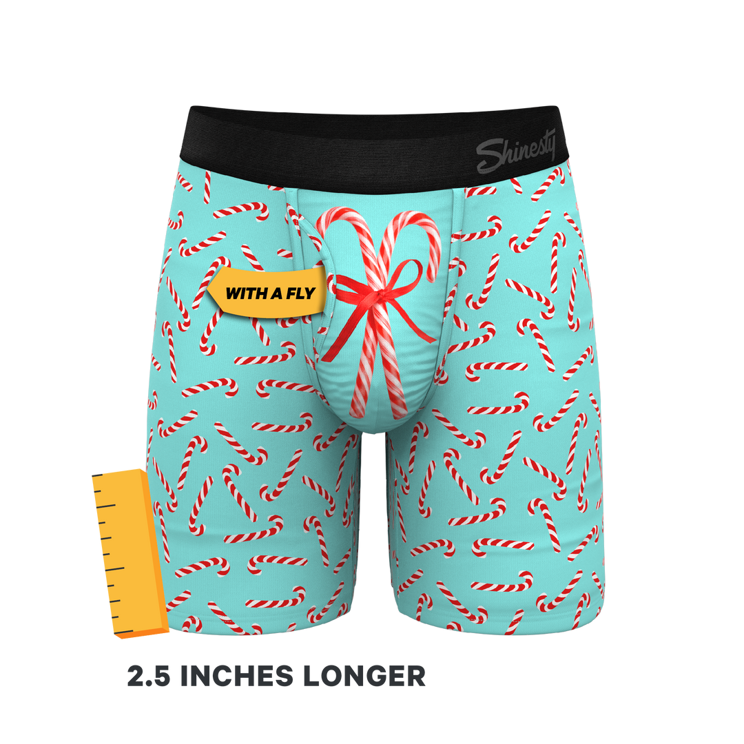 Shinesty "The Peppermint Pimp Canes" Candy Cane Long Leg Ball Hammock® Pouch Boxer Briefs with Fly