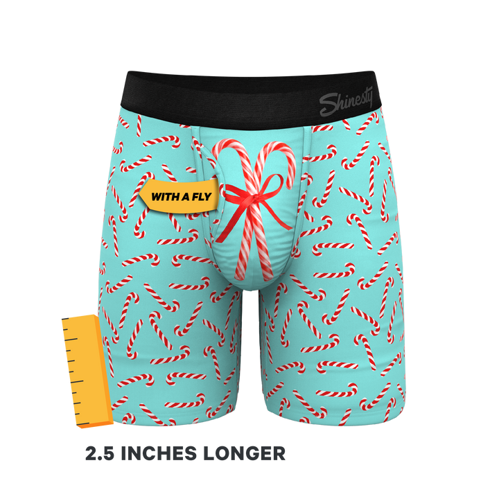 Shinesty "The Peppermint Pimp Canes" Candy Cane Long Leg Ball Hammock® Pouch Boxer Briefs with Fly
