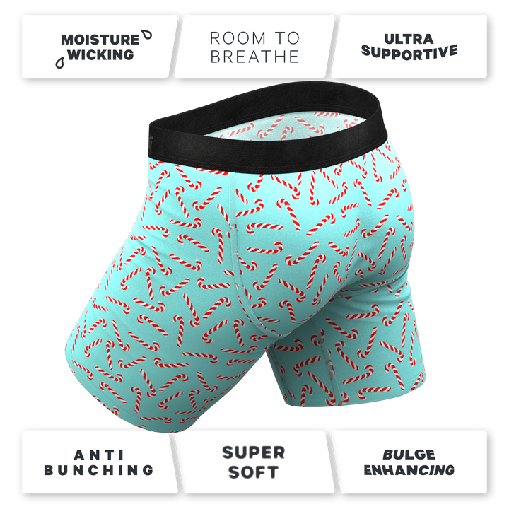 Shinesty "The Peppermint Pimp Canes" Candy Cane Long Leg Ball Hammock® Pouch Boxer Briefs with Fly