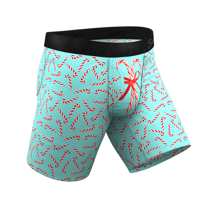 Shinesty "The Peppermint Pimp Canes" Candy Cane Long Leg Ball Hammock® Pouch Boxer Briefs with Fly