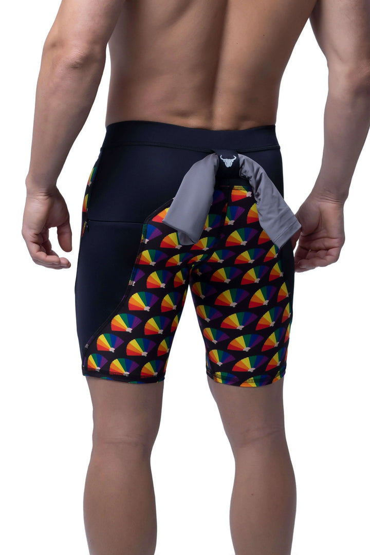 Matador Meggings Pride Fans men's compression shorts – vibrant fan print squat-proof hybrid shorts