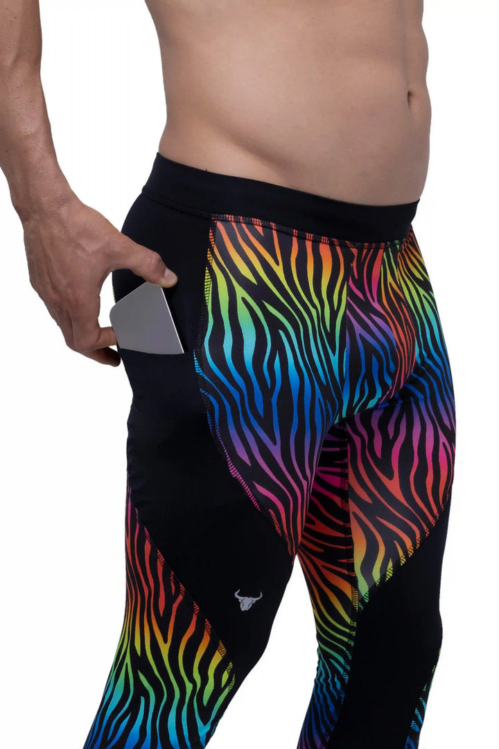 Matador Pride Rainbow Tiger Meggings – Men's Compression Leggings with Crotch Cup and Pockets