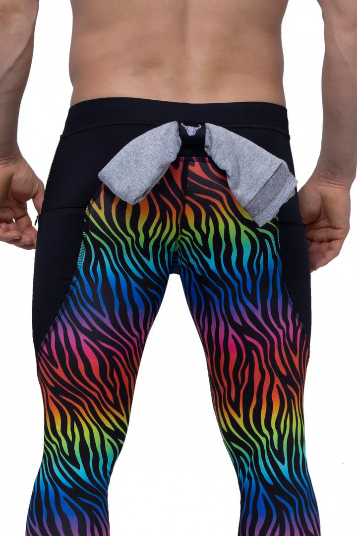 Matador Pride Rainbow Tiger Meggings – Men's Compression Leggings with Crotch Cup and Pockets
