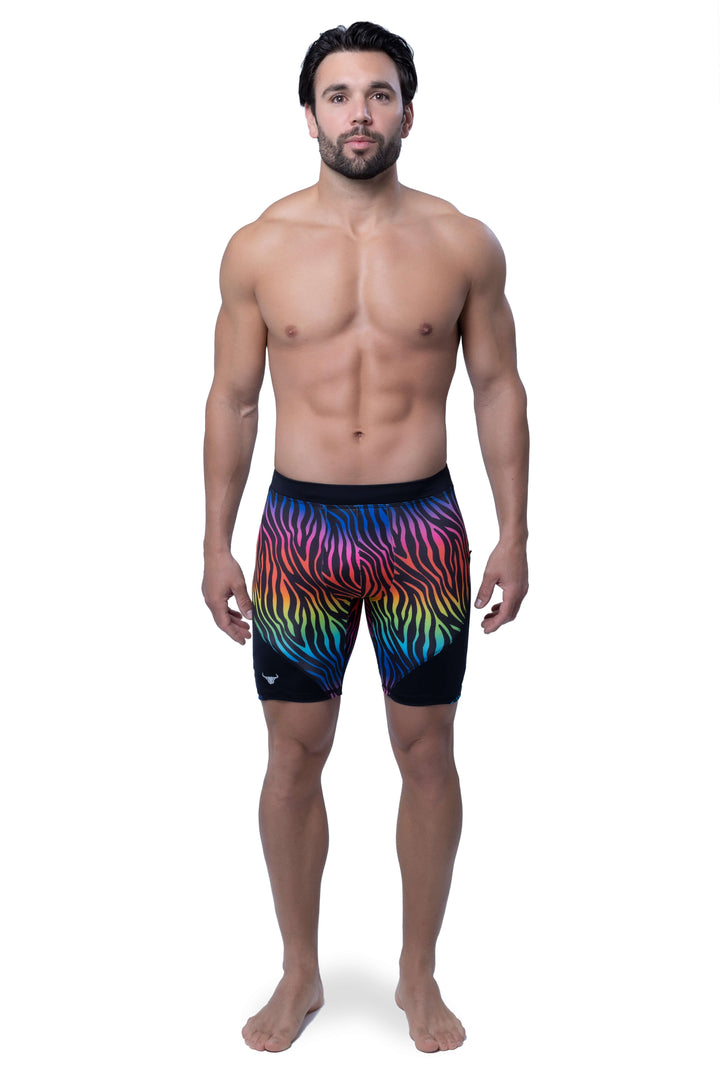 Matador Meggings Pride Rainbow Tiger men's compression shorts – vibrant tiger print squat-proof hybrid shorts