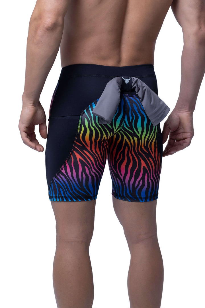 Matador Meggings Pride Rainbow Tiger men's compression shorts – vibrant tiger print squat-proof hybrid shorts