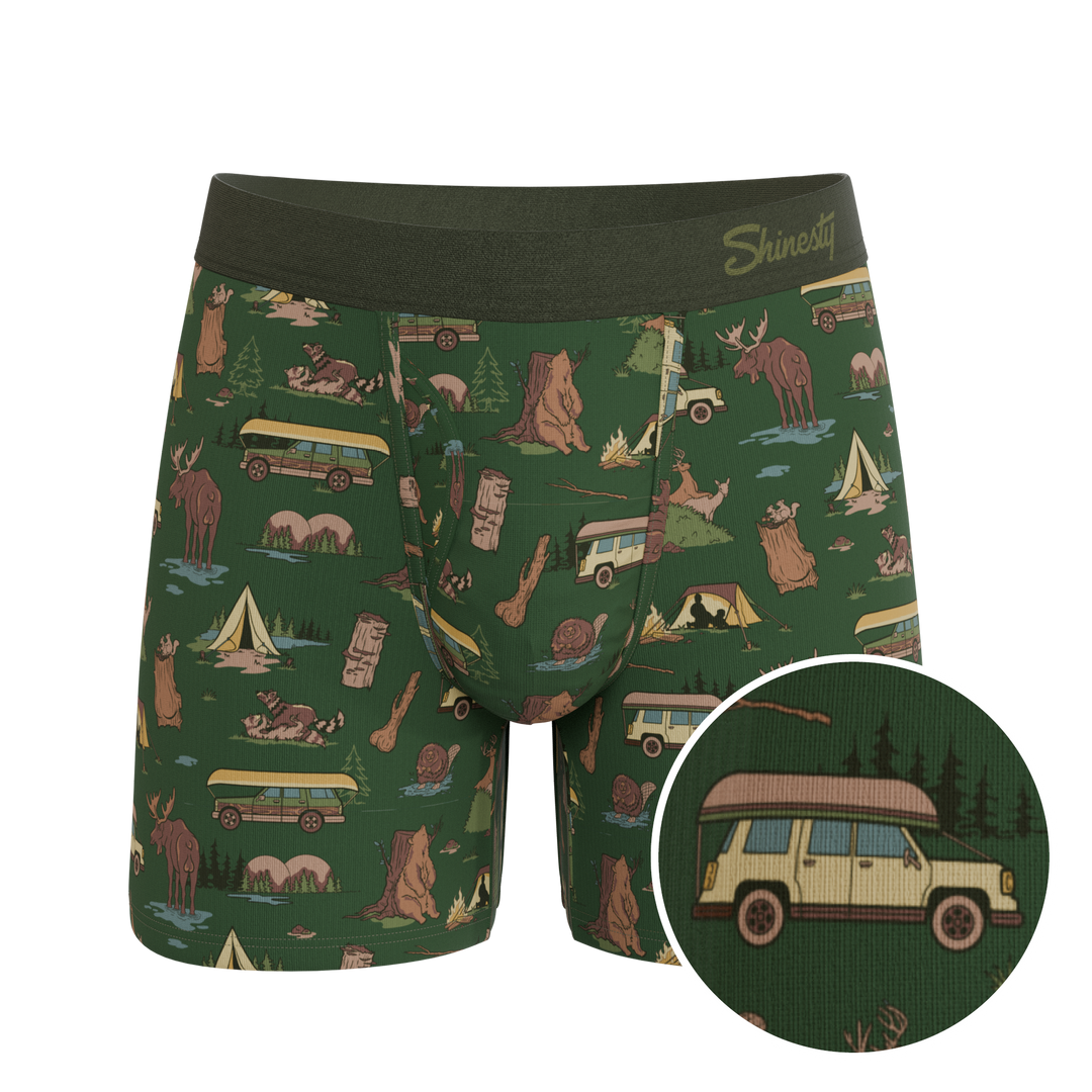 Shinesty The Really Happy Camper camping Ball Hammock underwear with fly – men's camping print fly briefs