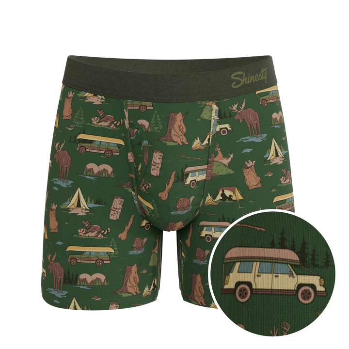 Shinesty The Really Happy Camper camping Ball Hammock underwear with fly – men's camping print fly briefs