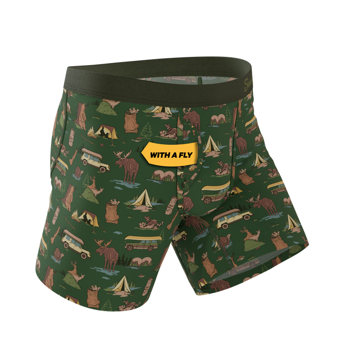 Shinesty The Really Happy Camper camping Ball Hammock underwear with fly – men's camping print fly briefs