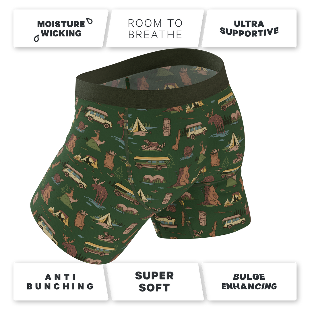 Shinesty The Really Happy Camper camping Ball Hammock underwear with fly – men's camping print fly briefs