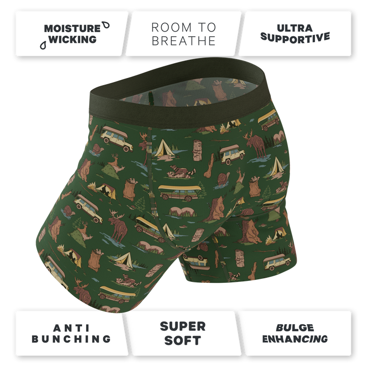 Shinesty The Really Happy Camper camping Ball Hammock underwear with fly – men's camping print fly briefs