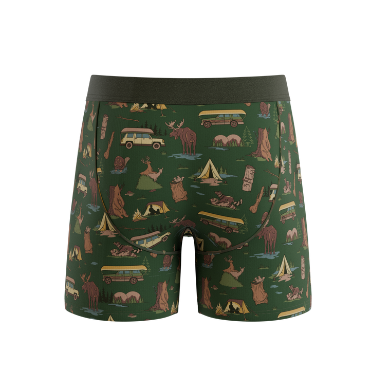 Shinesty The Really Happy Camper camping Ball Hammock underwear with fly – men's camping print fly briefs