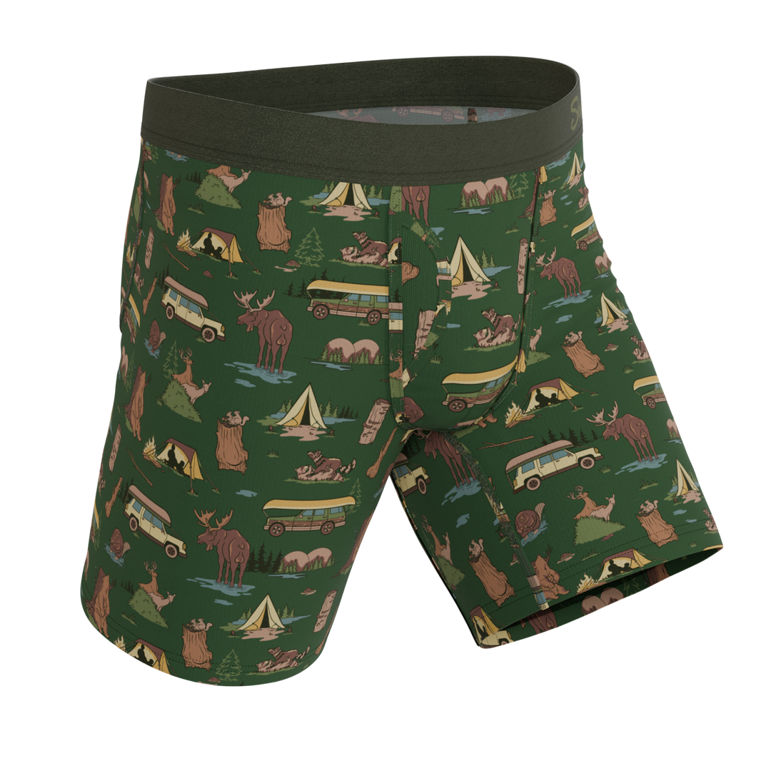 Shinesty The Really Happy Camper camping Ball Hammock long leg underwear with fly – men's camping long leg boxer