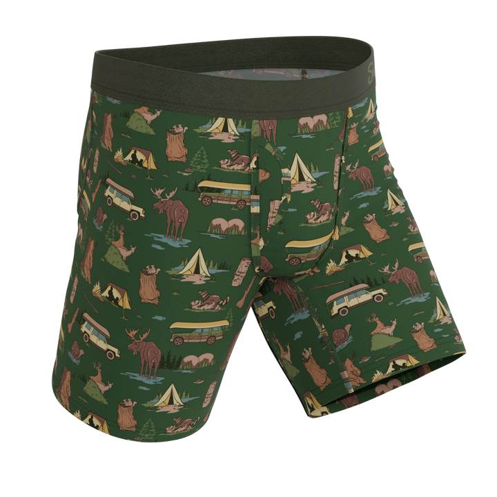 Shinesty The Really Happy Camper camping Ball Hammock long leg underwear with fly – men's camping long leg boxer