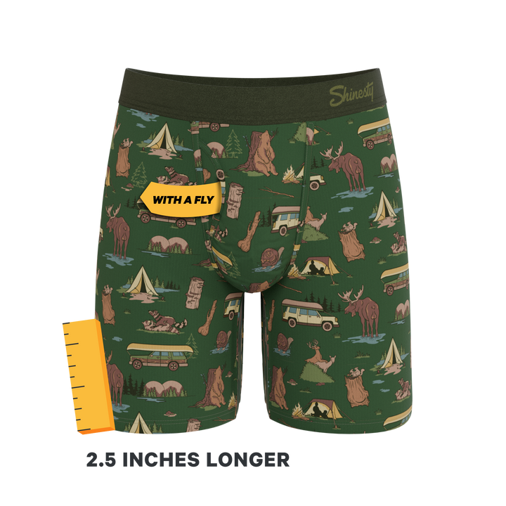 Shinesty The Really Happy Camper camping Ball Hammock long leg underwear with fly – men's camping long leg boxer