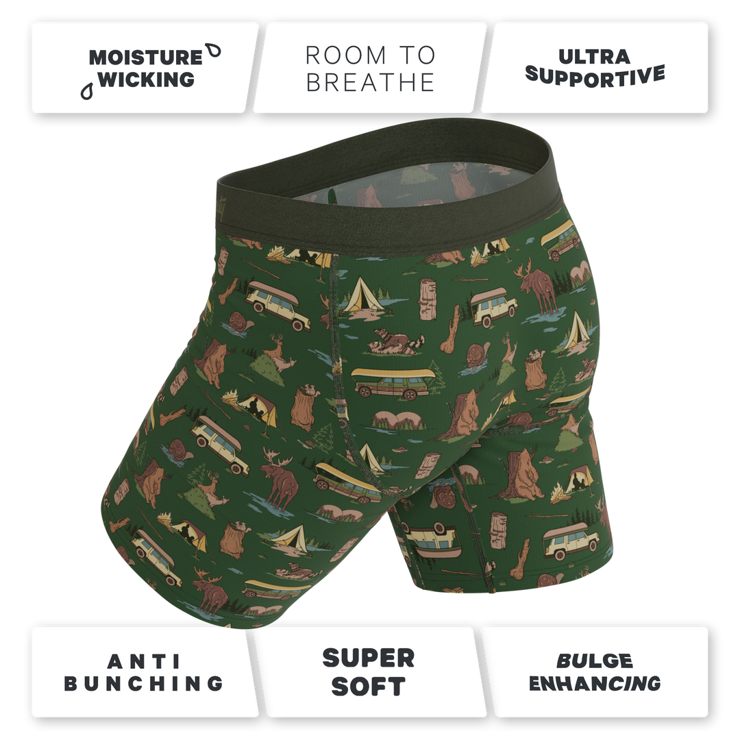 Shinesty The Really Happy Camper camping Ball Hammock long leg underwear with fly – men's camping long leg boxer