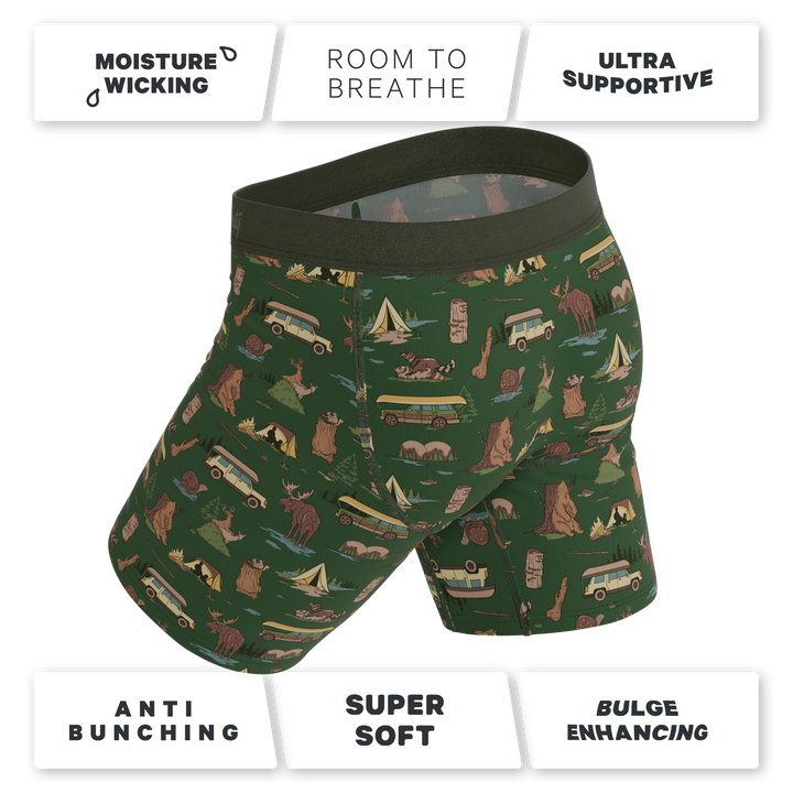 Shinesty The Really Happy Camper camping Ball Hammock long leg underwear with fly – men's camping long leg boxer