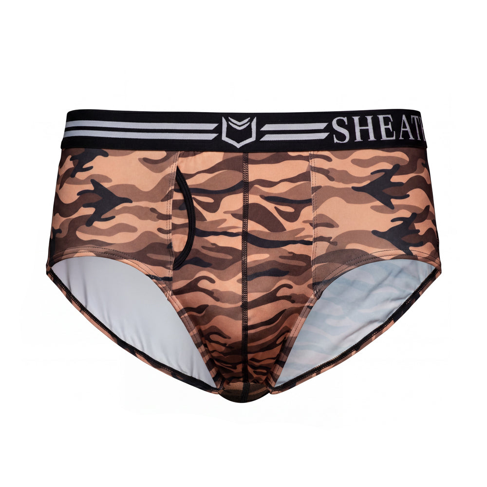 SHEATH Polyester Camo Men's Dual Pouch American Brief – men's camo dual pouch brief underwear