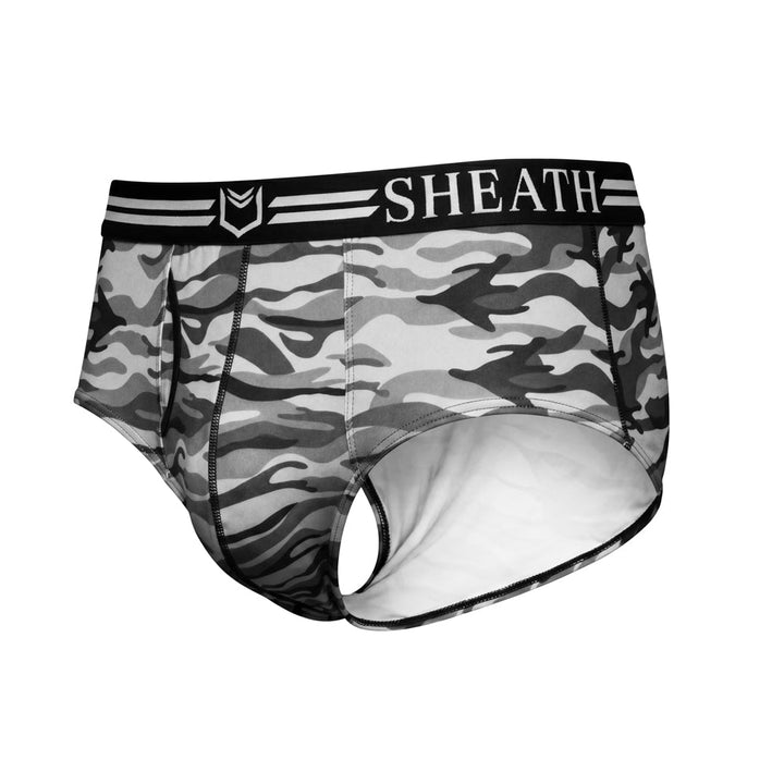 SHEATH Polyester Camo Men's Dual Pouch American Brief – men's camo dual pouch brief underwear