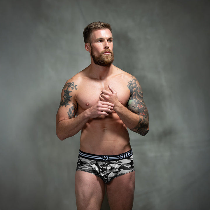 SHEATH Polyester Camo Men's Dual Pouch American Brief 4-Pack – men's camo dual pouch brief 4-pack