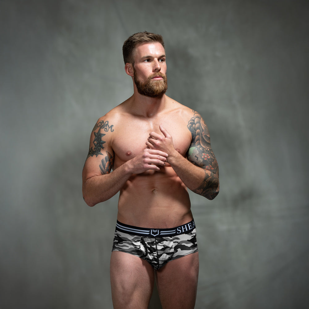 SHEATH Polyester Camo Men's Dual Pouch American Brief – men's camo dual pouch brief underwear