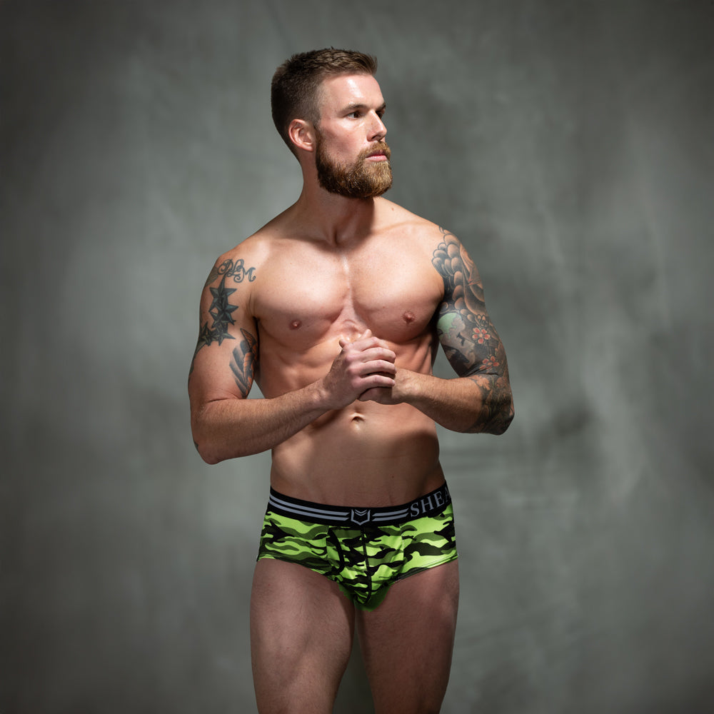 SHEATH Polyester Camo Men's Dual Pouch American Brief – men's camo dual pouch brief underwear