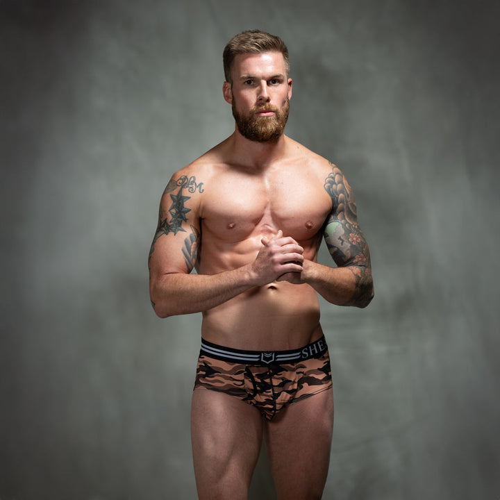 SHEATH Polyester Camo Men's Dual Pouch American Brief – men's camo dual pouch brief underwear