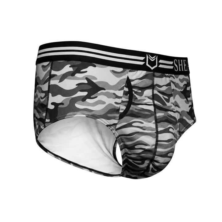 SHEATH Polyester Camo Men's Dual Pouch American Brief – men's camo dual pouch brief underwear