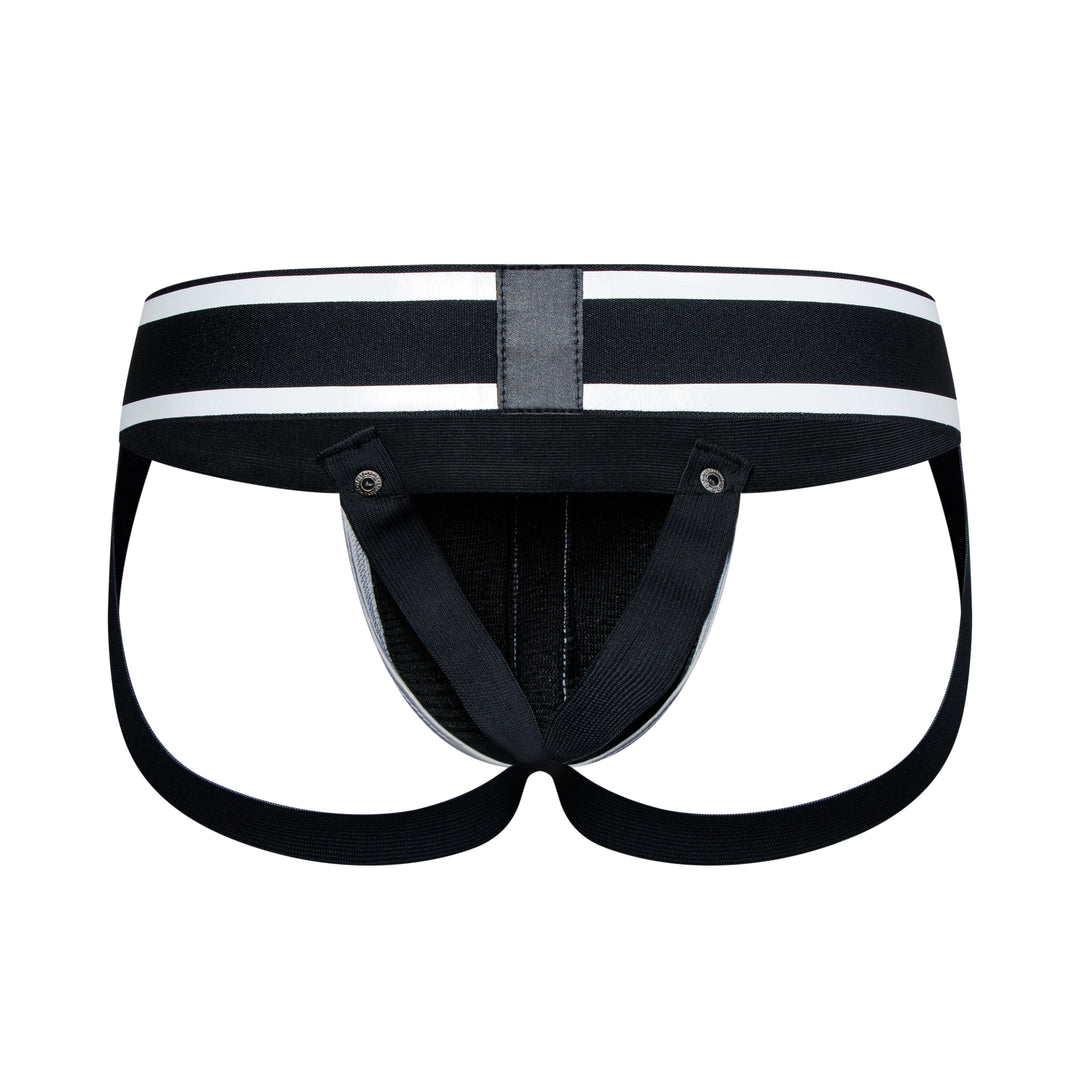 HisJock Armor Jock in silver – men's faux leather snap codpiece jockstrap