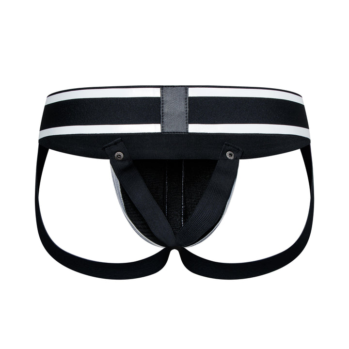 HisJock Armor Jock in silver – men's faux leather snap codpiece jockstrap