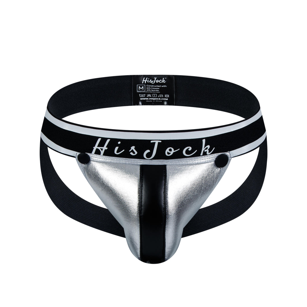 HisJock Armor Jock in silver – men's faux leather snap codpiece jockstrap